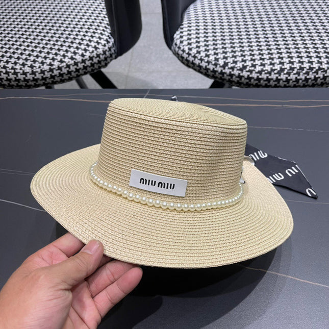 MIUMIU SMALL-BRIM STRAW HAT IN LIGHT BEIGE AND PEARL EMBELLISHED