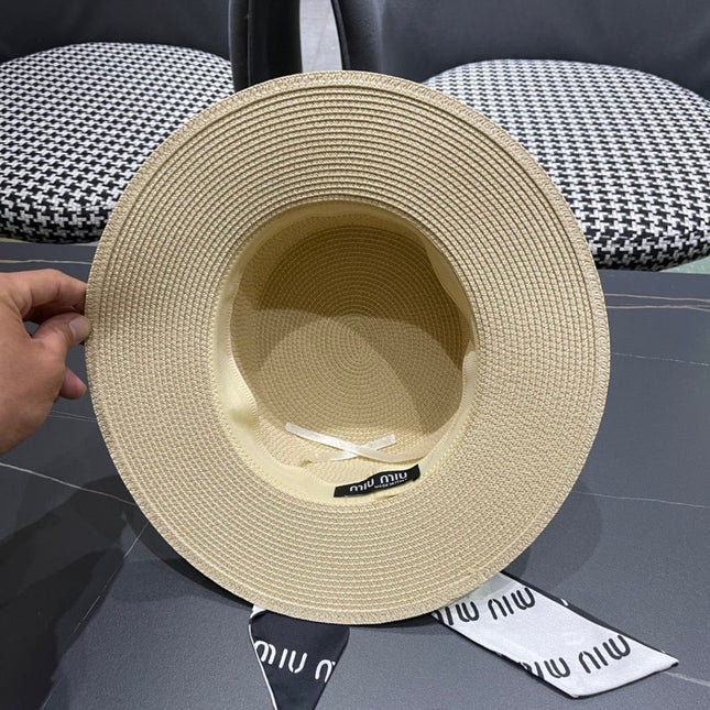MIUMIU SMALL-BRIM STRAW HAT IN LIGHT BEIGE AND PEARL EMBELLISHED
