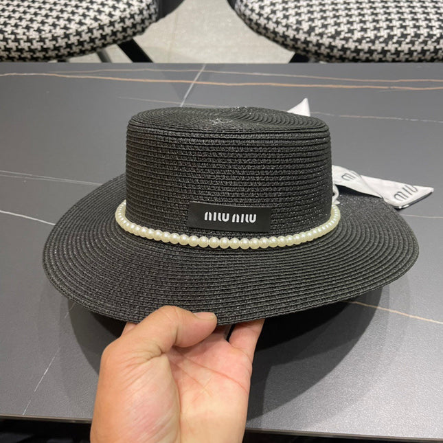 MIUMIU SMALL-BRIM STRAW HAT IN BLACK AND PEARL EMBELLISHED