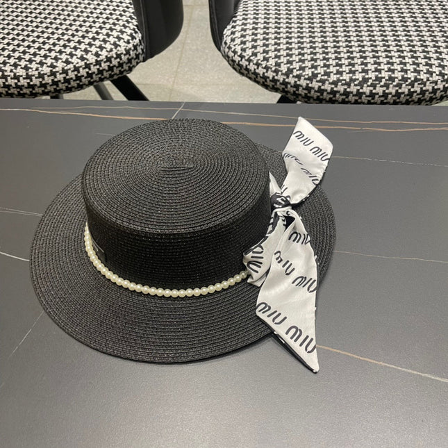 MIUMIU SMALL-BRIM STRAW HAT IN BLACK AND PEARL EMBELLISHED