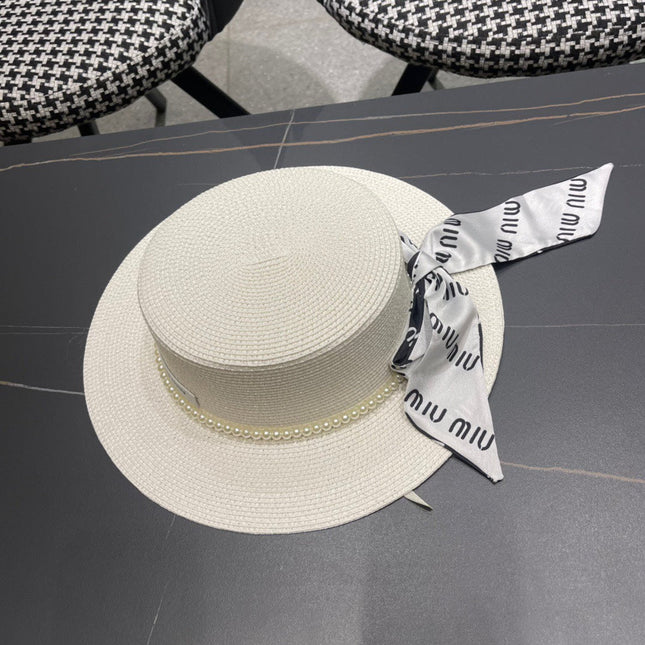 MIUMIU SMALL-BRIM STRAW HAT IN CREAM WHITE AND PEARL EMBELLISHED