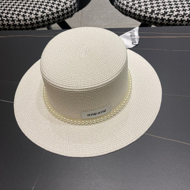 MIUMIU SMALL-BRIM STRAW HAT IN CREAM WHITE AND PEARL EMBELLISHED