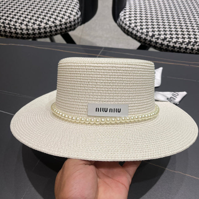 MIUMIU SMALL-BRIM STRAW HAT IN CREAM WHITE AND PEARL EMBELLISHED