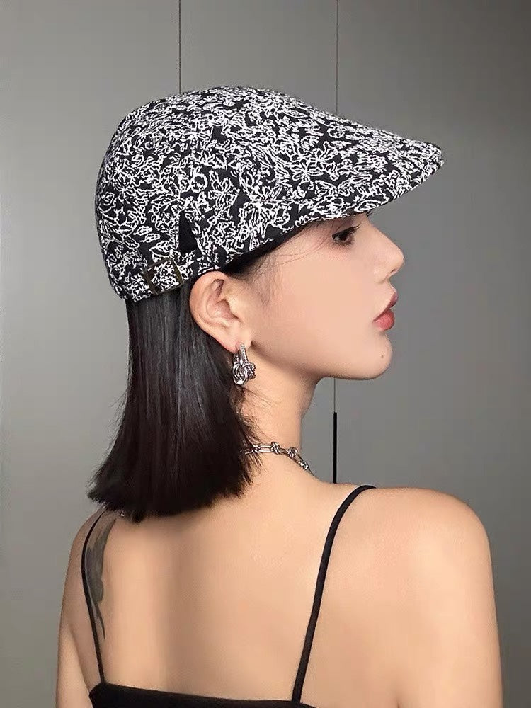 BAKER BOY CAP IN BLACK MIX WHITE FABRIC 431519