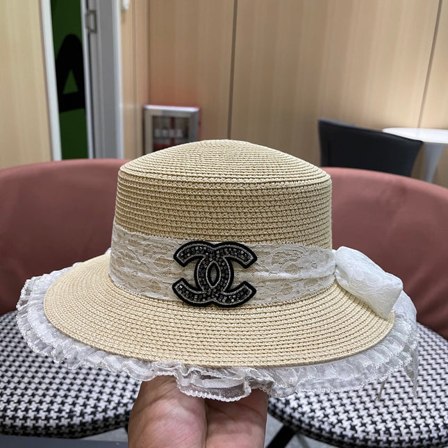 CHANEL 26S LACE & FLORAL TRIM STRAW HAT 337936