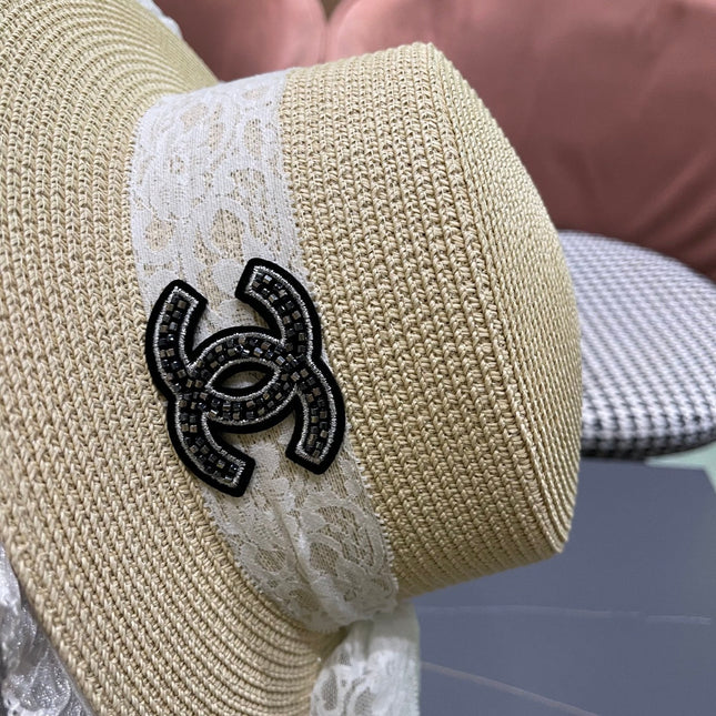 CHANEL 26S LACE & FLORAL TRIM STRAW HAT 337936