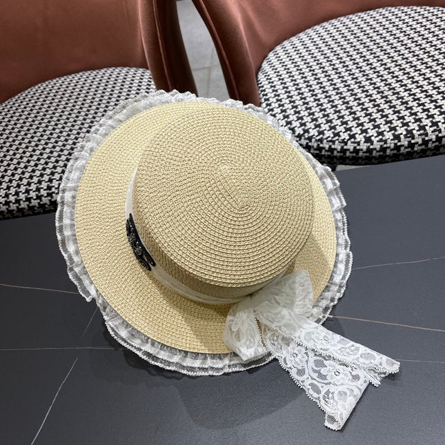 CHANEL 26S LACE & FLORAL TRIM STRAW HAT 337936