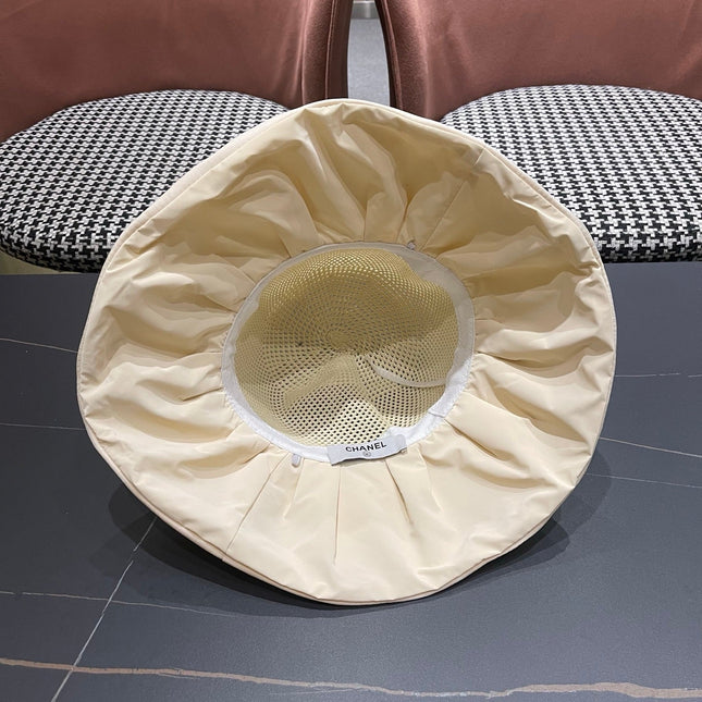 CHANEL 26S CHIFFON BOW & PEARL STRAW CLOCHE HAT 335758