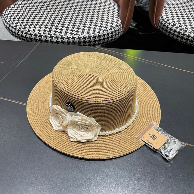 CHANEL 26S PEARL & ROSETTE STRAW BOATER HAT 337932
