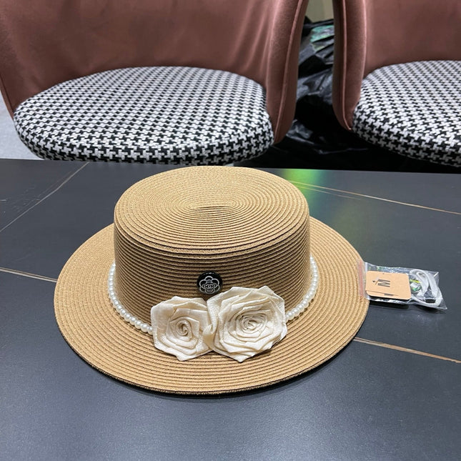 CHANEL 26S PEARL & ROSETTE STRAW BOATER HAT 337932