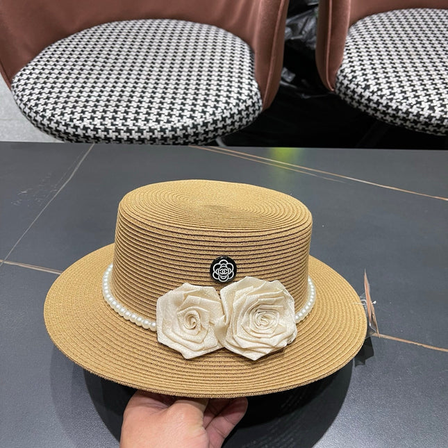 CHANEL 26S PEARL & ROSETTE STRAW BOATER HAT 337932