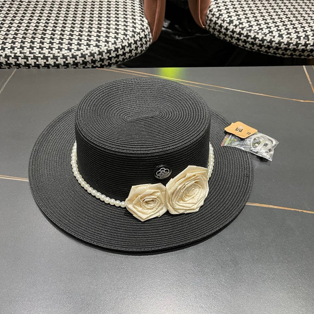 CHANEL 26S PEARL & ROSETTE STRAW BOATER HAT 337934