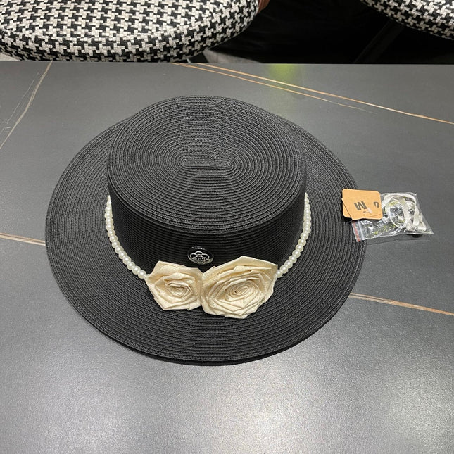 CHANEL 26S PEARL & ROSETTE STRAW BOATER HAT 337934