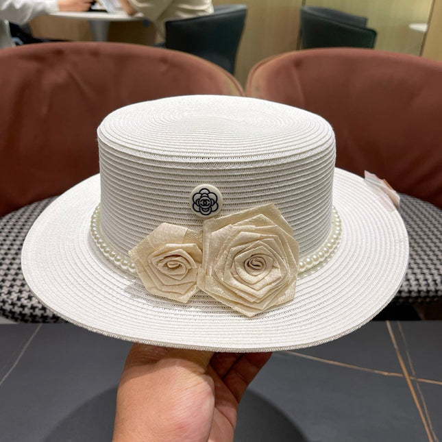 CHANEL 26S PEARL & ROSETTE STRAW BOATER HAT 337935