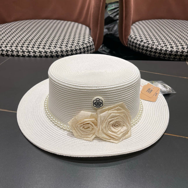 CHANEL 26S PEARL & ROSETTE STRAW BOATER HAT 337935