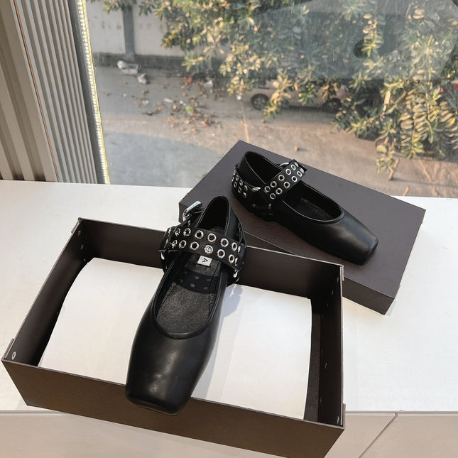 ALAIA 26S FLATS IN BLACK CALFSKIN WITH SILVER STUD STRAP
