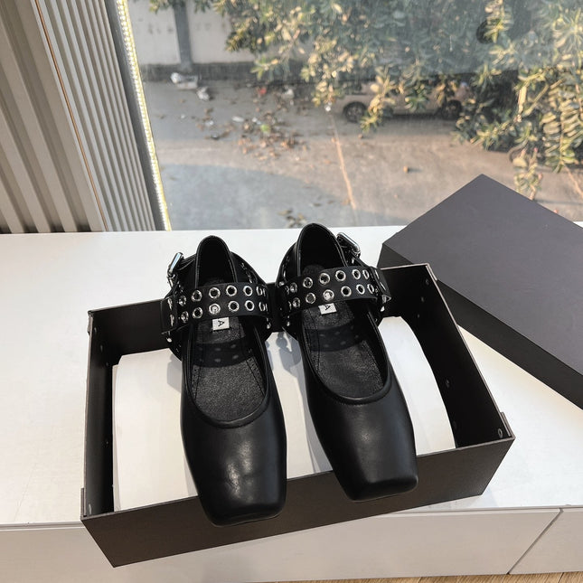 ALAIA 26S FLATS IN BLACK CALFSKIN WITH SILVER STUD STRAP
