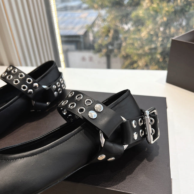 ALAIA 26S FLATS IN BLACK CALFSKIN WITH SILVER STUD STRAP