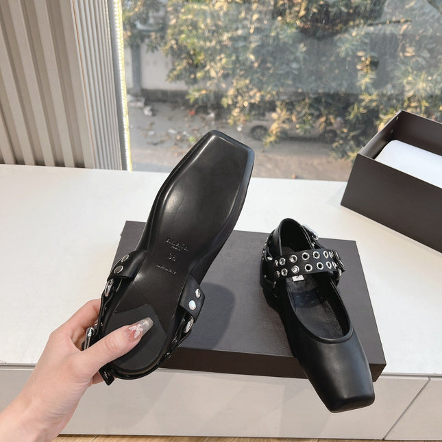 ALAIA 26S FLATS IN BLACK CALFSKIN WITH SILVER STUD STRAP