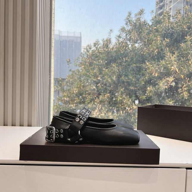ALAIA 26S FLATS IN BLACK CALFSKIN WITH SILVER STUD STRAP