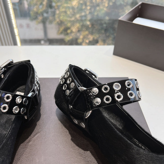 ALAIA 26S FLATS IN BLACK PONY HAIR WITH SILVER STUD STRAP