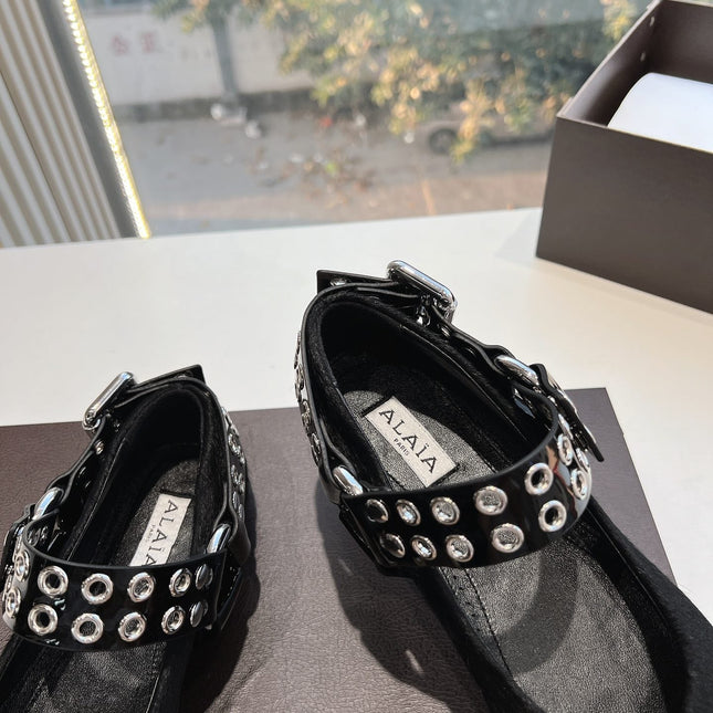 ALAIA 26S FLATS IN BLACK PONY HAIR WITH SILVER STUD STRAP