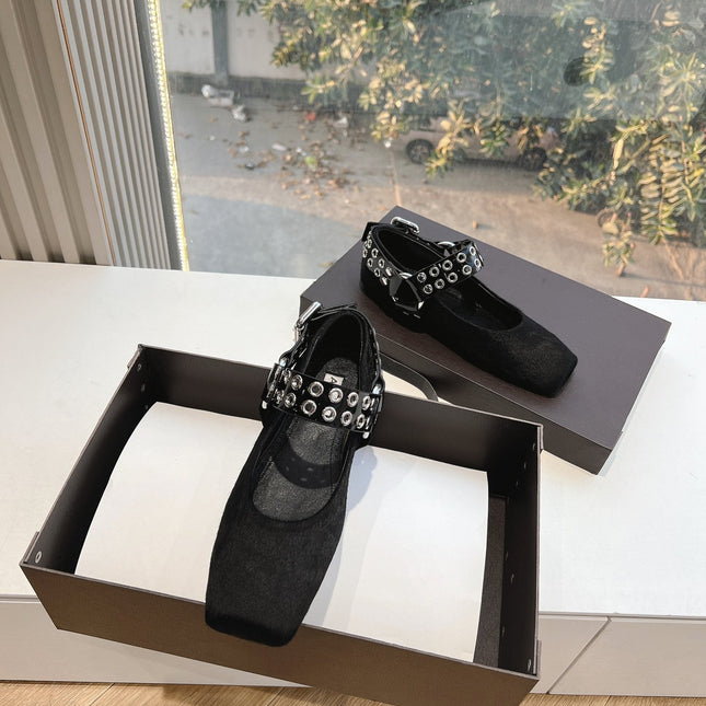 ALAIA 26S FLATS IN BLACK PONY HAIR WITH SILVER STUD STRAP