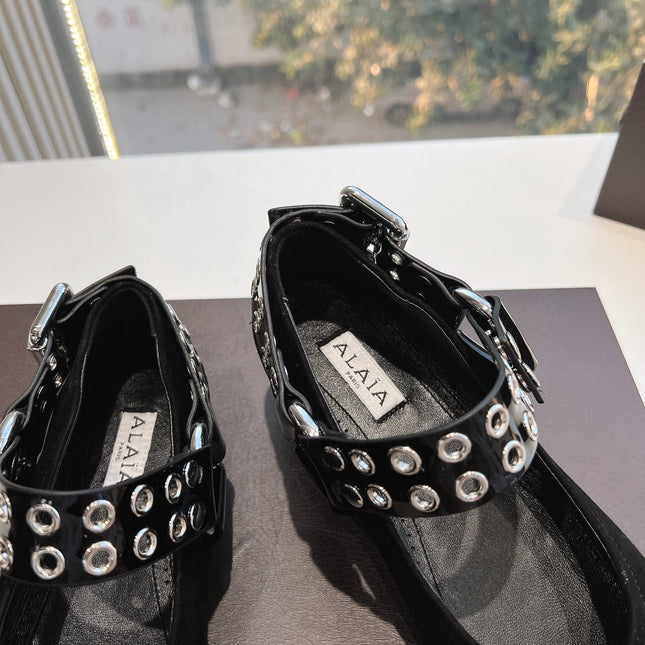 ALAIA 26S FLATS IN BLACK SUEDE WITH SILVER STUD STRAP