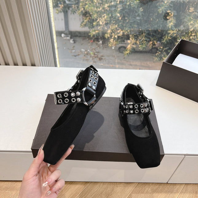 ALAIA 26S FLATS IN BLACK SUEDE WITH SILVER STUD STRAP