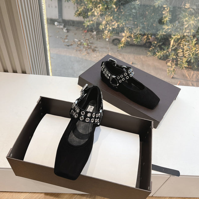 ALAIA 26S FLATS IN BLACK SUEDE WITH SILVER STUD STRAP