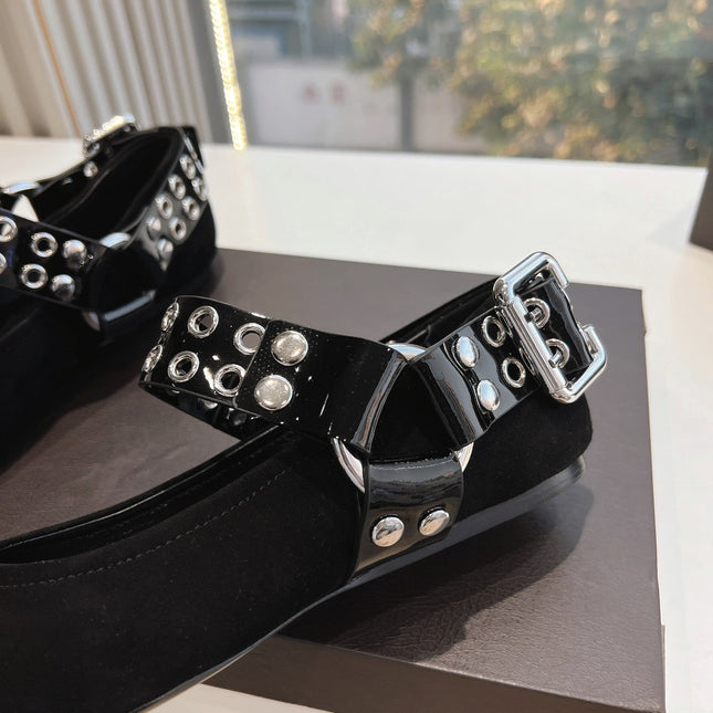 ALAIA 26S FLATS IN BLACK SUEDE WITH SILVER STUD STRAP