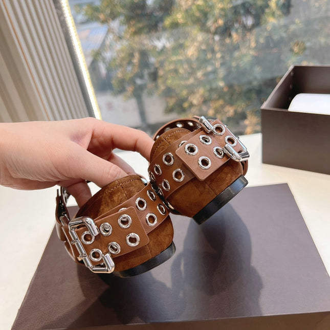 ALAIA 26S FLATS IN BROWN SUEDE WITH SILVER STUD STRAP