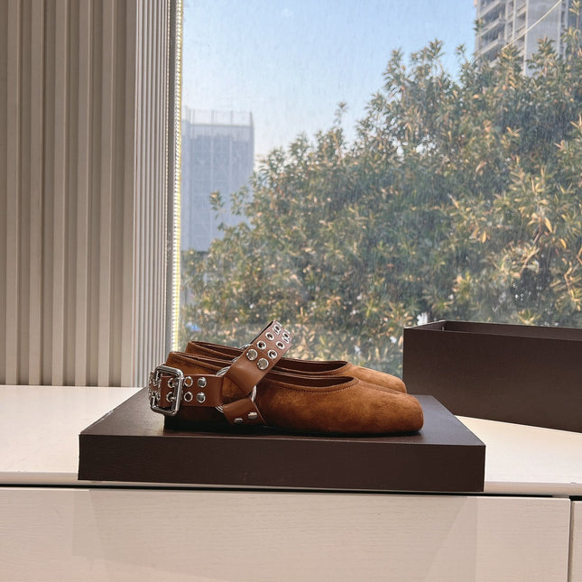 ALAIA 26S FLATS IN BROWN SUEDE WITH SILVER STUD STRAP