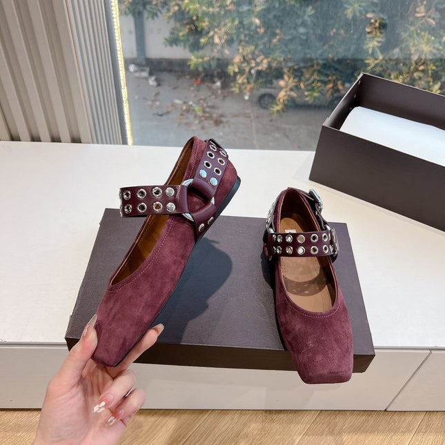 ALAIA 26S FLATS IN DARK RED SUEDE WITH SILVER STUD STRAP