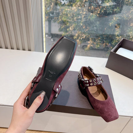 ALAIA 26S FLATS IN DARK RED SUEDE WITH SILVER STUD STRAP