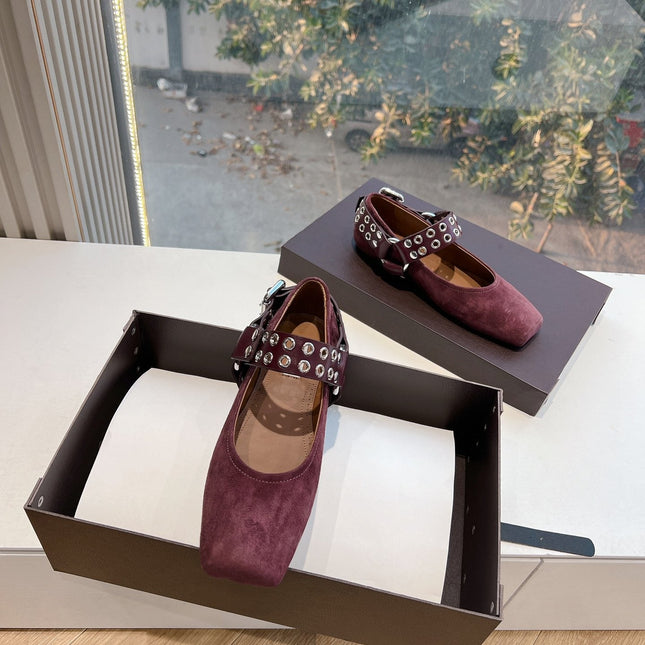 ALAIA 26S FLATS IN DARK RED SUEDE WITH SILVER STUD STRAP