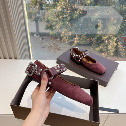 ALAIA 26S FLATS IN DARK RED SUEDE WITH SILVER STUD STRAP