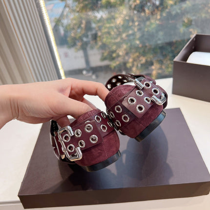 ALAIA 26S FLATS IN DARK RED SUEDE WITH SILVER STUD STRAP