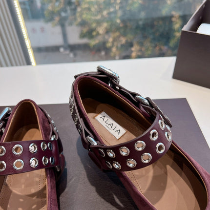 ALAIA 26S FLATS IN DARK RED SUEDE WITH SILVER STUD STRAP
