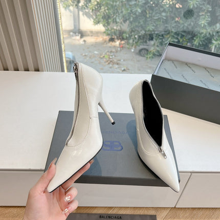 ZIPPER POINTED-TOE HIGH PUMPS IN WHITE WAX-OIL SHEEPSKIN