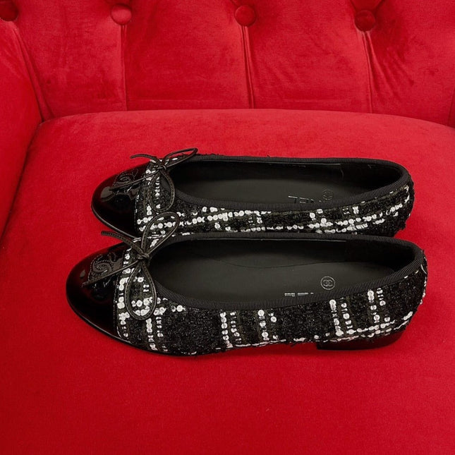 ballet flat black white tweed lambskin