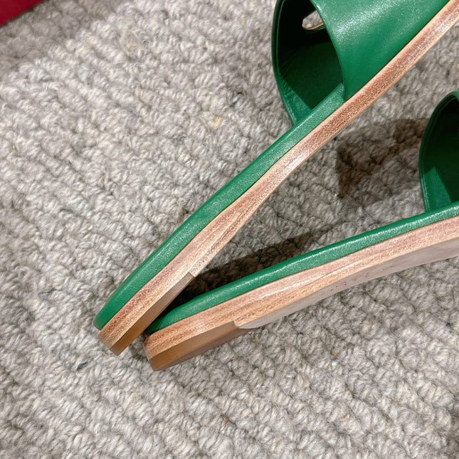 VLOGO CUT-OUT EMERALD GREEN CALFSKIN SLIDE SANDAL