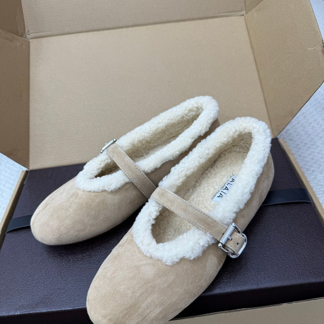 ALAIA 25S SHEARLING BALLET FLATS IN DARK BEIGE SUEDE