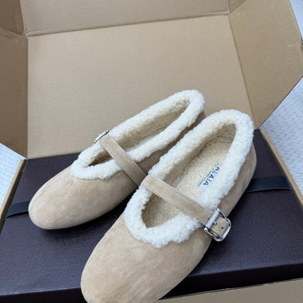 ALAIA 25S SHEARLING BALLET FLATS IN DARK BEIGE SUEDE