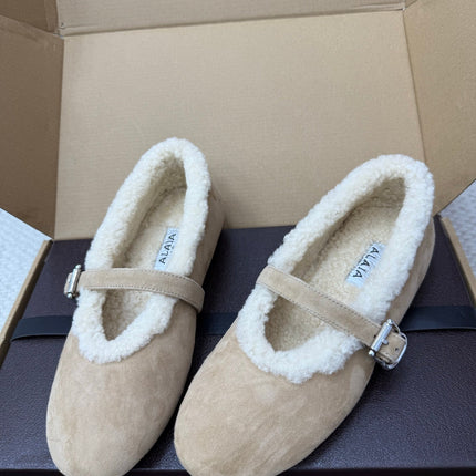 ALAIA 25S SHEARLING BALLET FLATS IN DARK BEIGE SUEDE