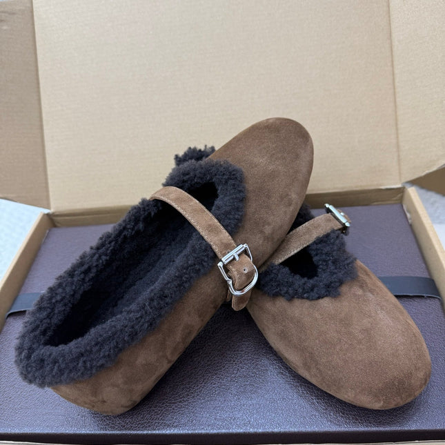 ALAIA 25S SHEARLING BALLET FLATS IN DARK BROWN SUEDE