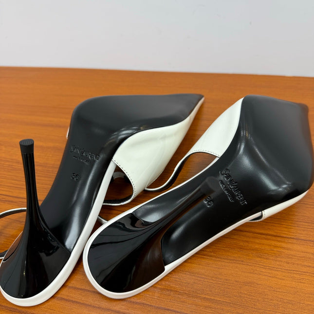 YSL 26S HEELED SLINGBACKS 100 MM IN WHITE GLOSSY CALFSKIN
