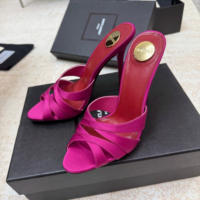 YSL 26S HEELED SANDALS 105 MM IN DARK PINK SATIN