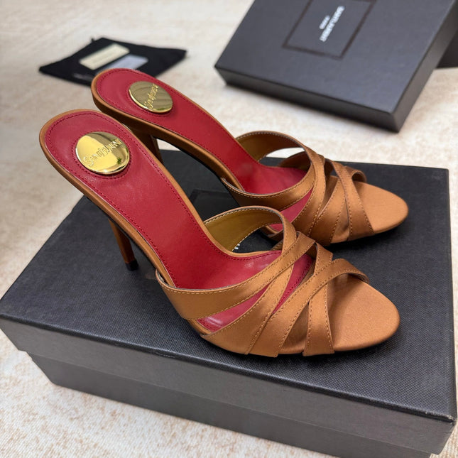 YSL 26S HEELED SANDALS 105 MM IN CLAY BROWN SATIN