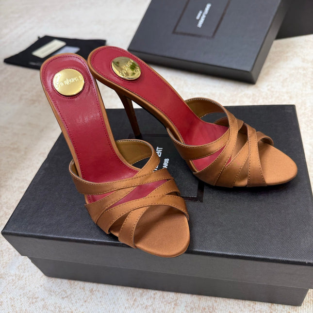 YSL 26S HEELED SANDALS 105 MM IN CLAY BROWN SATIN